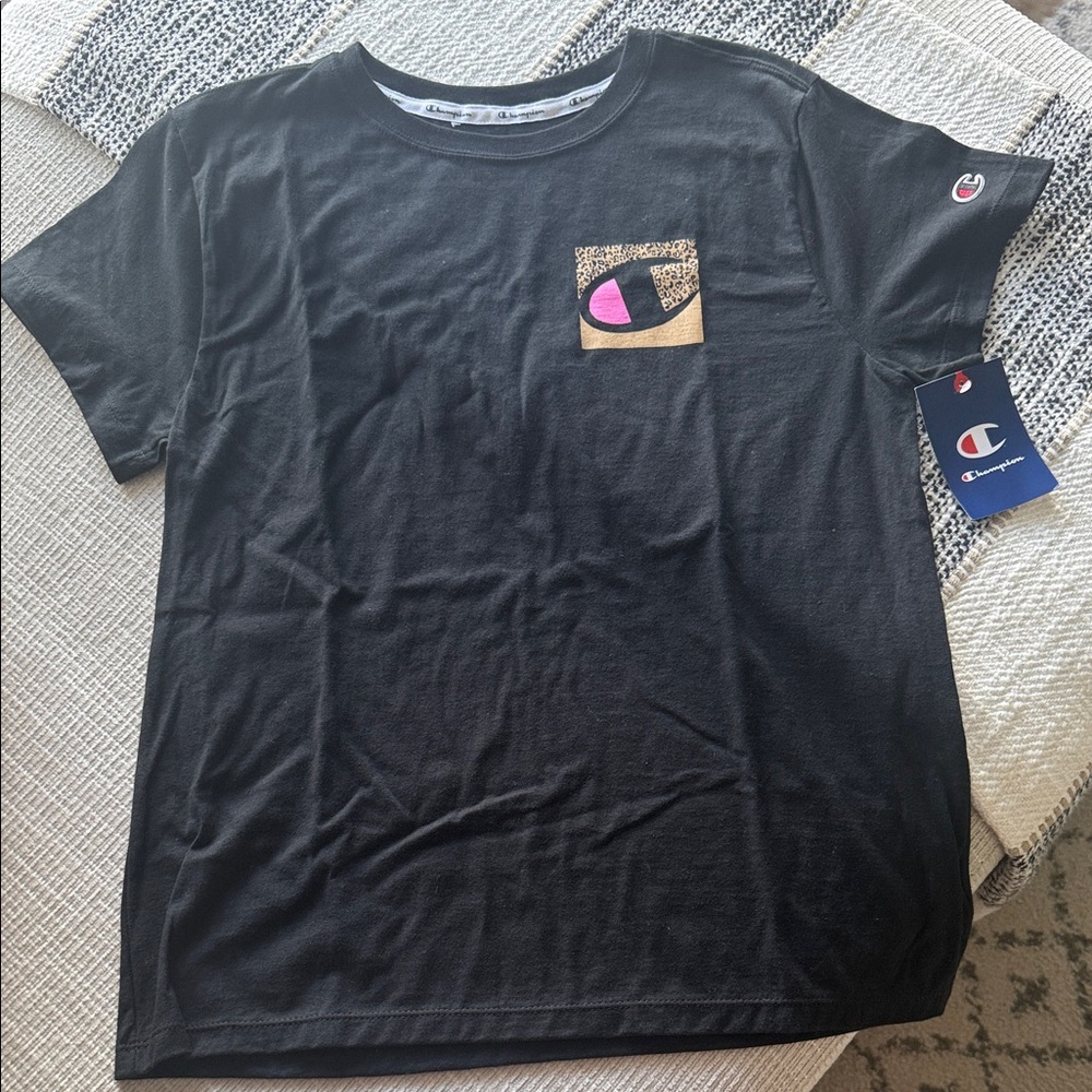 Champion Black Tee with Gold and Pink Logo